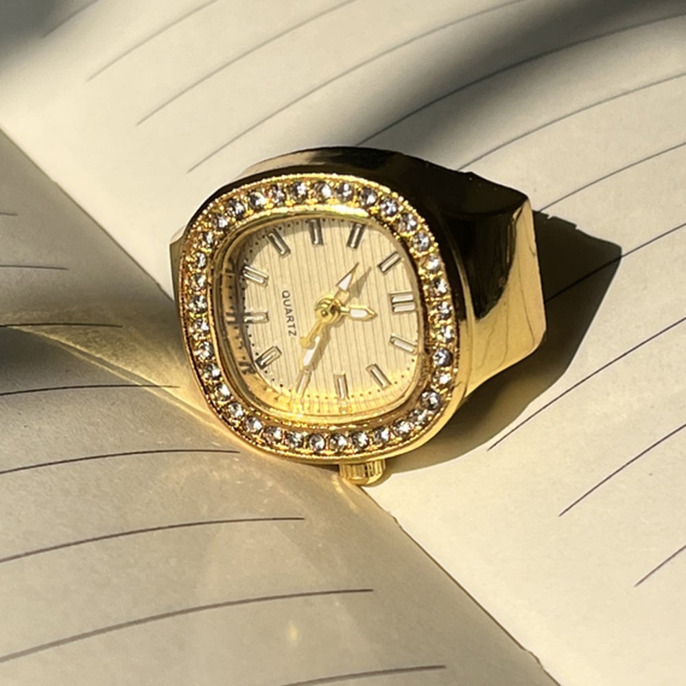 Handmade Stainless Steel 18K Gold Dial Ring Watch